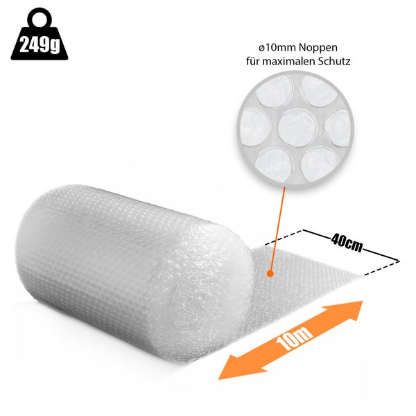 Rolle Luftpolsterfolie, 40 cm breit, 10 m lang, Noppen mit 10 mm Durchmesser für maximalen Schutz, 249 g Gewicht