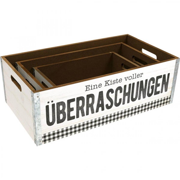 Set aus drei Holzkisten mit dem Aufdruck 'Eine Kiste voller Überraschungen' für Lagerung und Ordnung
