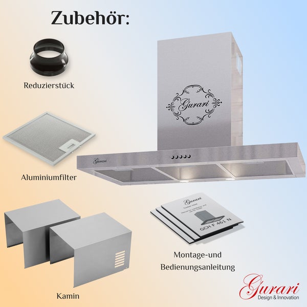 Gurari Dunstabzugshaube mit Zubehör wie Reduzierstück, Aluminiumfilter, Kaminverkleidung und Bedienungsanleitung.