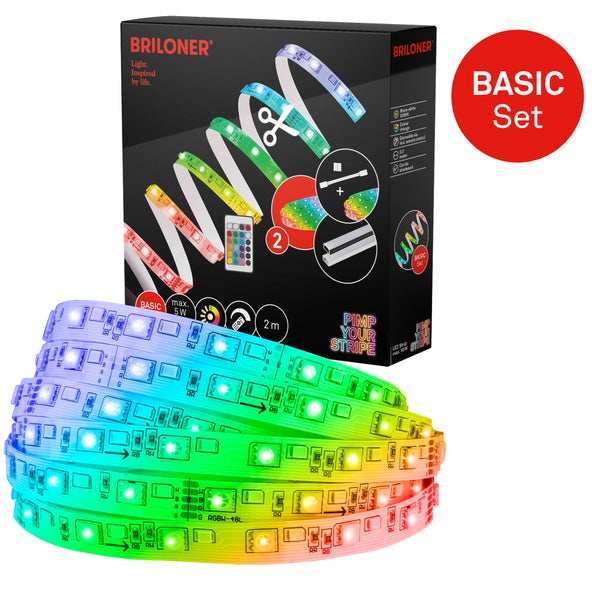 Briloner LED-Streifen-Basisset, 2 Meter Länge, RGB-Farbwechsel, dimmbar, inklusive Fernbedienung und kürzbar.