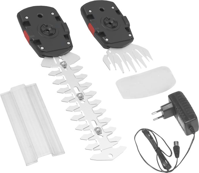 Zubehör-Set für Strauch- und Grasschere mit Heckenmesser, Grasmesser, Messerschutz und Ladegerät.