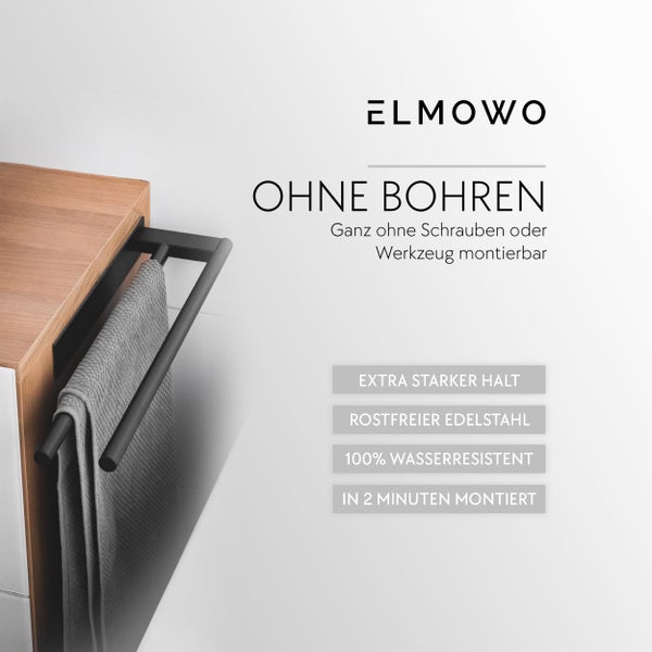 Elmowo Handtuchhalter aus rostfreiem Edelstahl zur Montage ohne Bohren an einem Badmöbel.