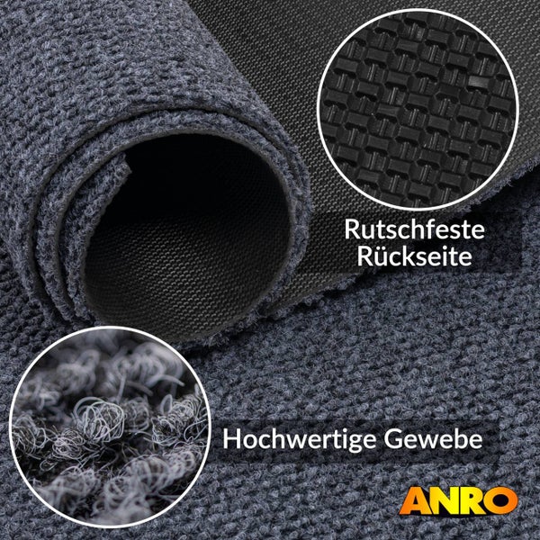 Teppichläufer mit rutschfester Rückseite und hochwertigem Gewebe. ANRO Logo.