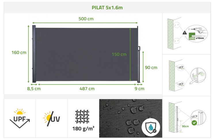 Seitenmarkise Pilat 5 mal 1,6 Meter: Abmessungen, Montage, Ultraviolett-Schutz, 180 Gramm pro Quadratmeter und wasserabweisendes Material.
