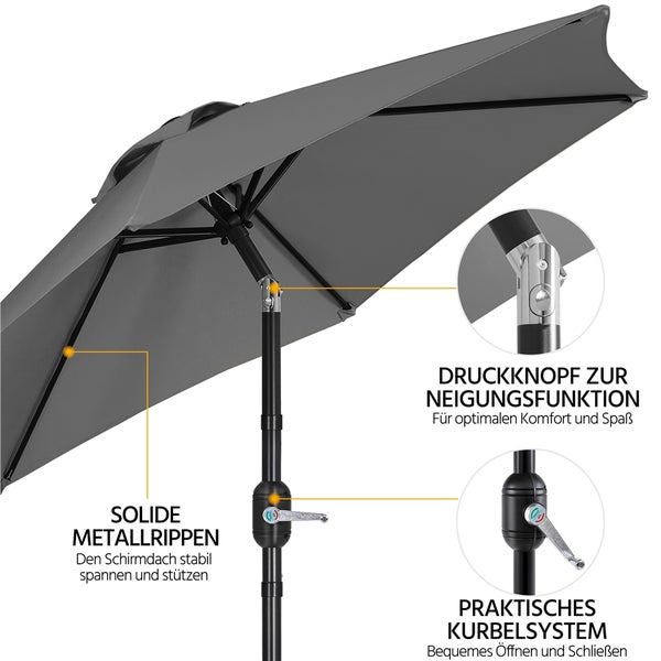 Grauer Gartenschirm mit Metallrippen, Neigungsfunktion und Kurbelsystem
