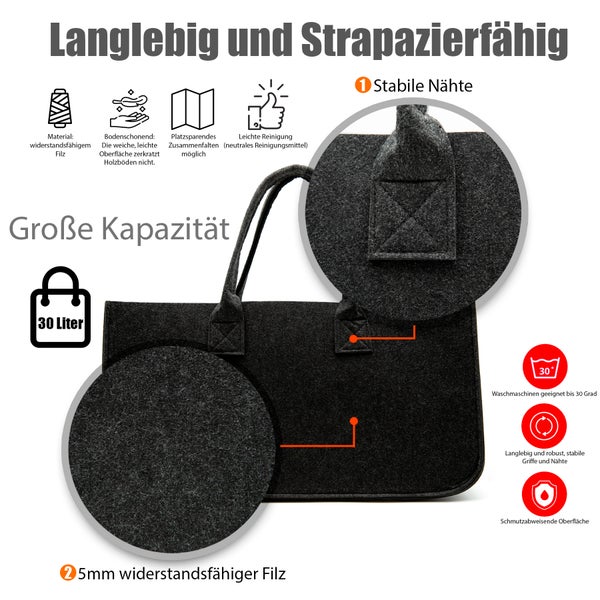 BigDean 2 Stück Filztasche groß in Anthrazit für Kaminholz oder als Shopper verwendbar – Kaminholzkorb im leichten & kompakten Design – faltbarer Holzkorb