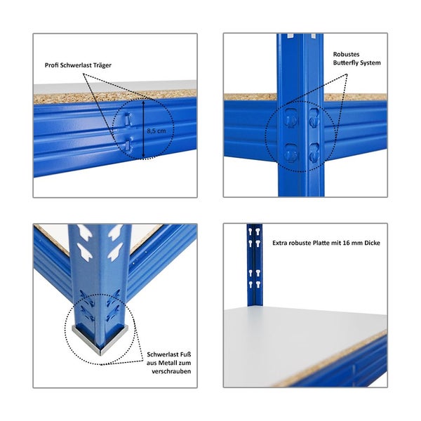 PROREGAL Mega Deal 4x Profi Schwerlastregal Rhino HxBxT 180 x 160 x 60 cm 4 Melamin-Ebenen 16mm Fachlast 500 kg Blau