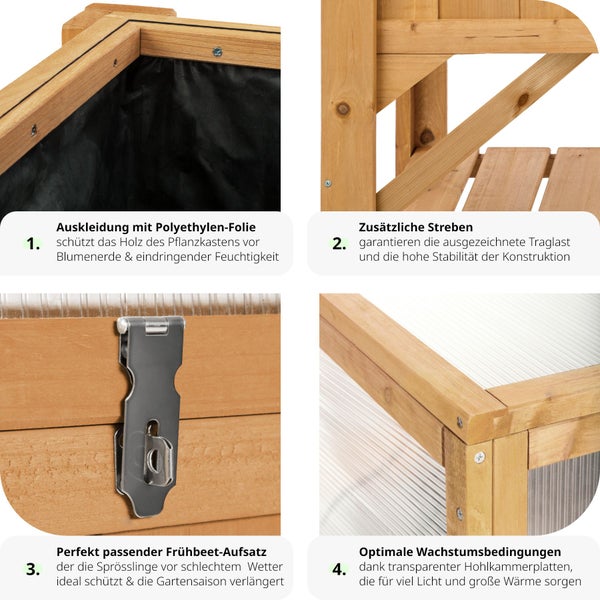 Hochbeet tectake  119 x 57 x 124 cm aus Holz, mit Ablage und Frühbeet-Aufsatz braun