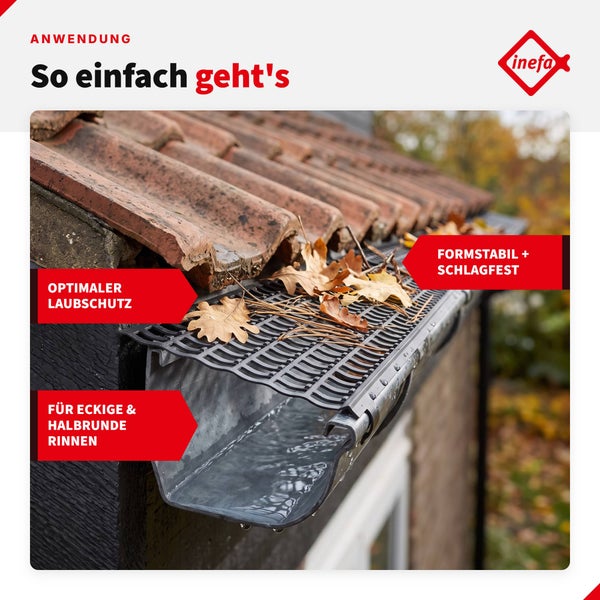 Inefa Laubschutzgitter montiert auf einer Dachrinne zum Schutz vor Laub und Schmutz