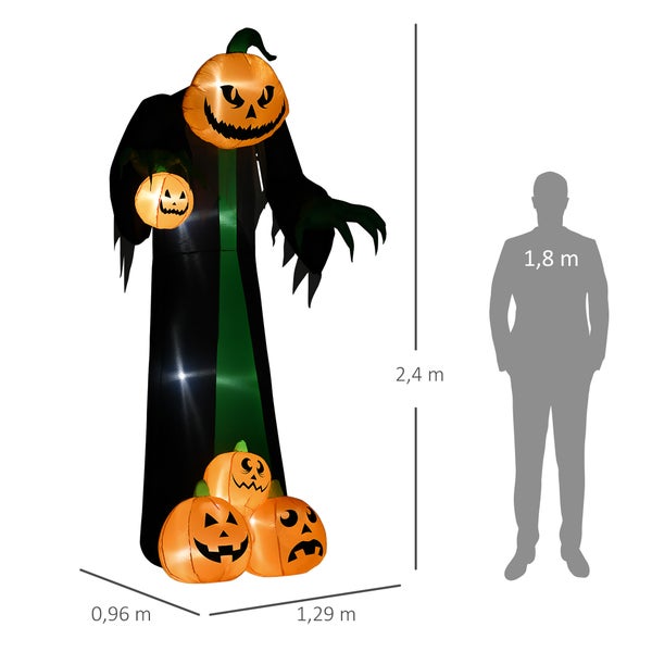 Aufblasbare Halloween-Dekoration mit Kürbis-Motiven und den Maßen 2,4 Meter Höhe, 0,96 Meter Breite und 1,29 Meter Tiefe.