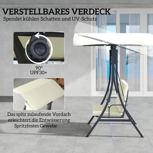 Outsunny Hollywoodschaukel mit verstellbarem Sonnendach Sitzauflage, Schutzhülle 2-Sitzer Gartenschaukel belastbar bis 220kg, UV 30+ Schaukelbank für Garten, Terrasse, 150x120x182cm, Cremeweiß