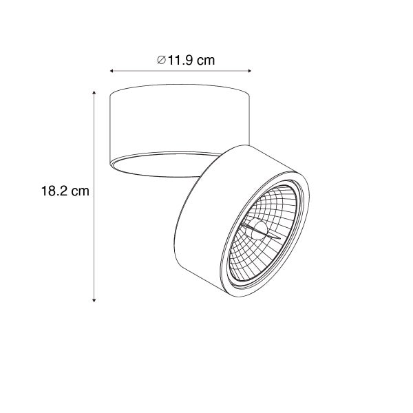 Technische Zeichnung eines Strahlers mit Abmessungen: Durchmesser 11,9 cm, Höhe 18,2 cm.