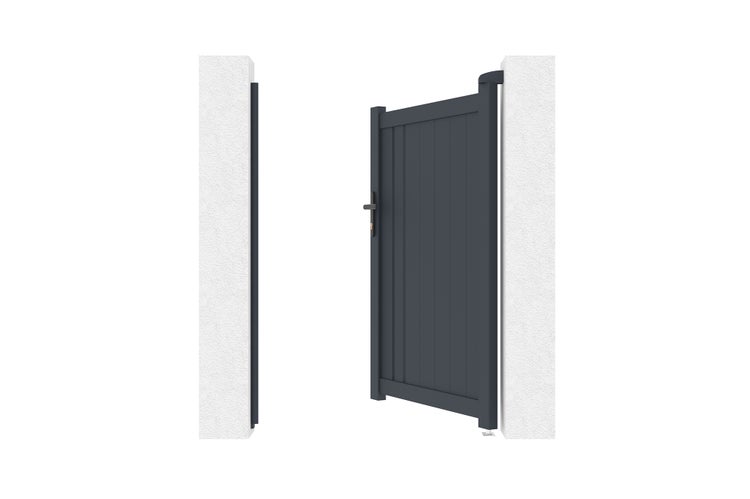 Einflügeliges Gartentor aus Aluminium in Anthrazit mit vertikalen Lamellen, montiert zwischen zwei weißen Pfeilern.