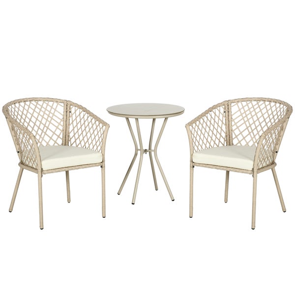Outsunny Rattan Gartenmöbel-Set 3-tlg., Gartengarnitur mit Couchtisch, 2 Stühlen, Balkonmöbel-Set mit Kissen, Gartensitzgruppe für Balkon, Terrasse, Khaki
