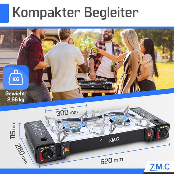 Zweiflammiger Gaskocher ZMC für Camping, 620 mal 280 mal 115 Millimeter, Gewicht 2,66 Kilogramm. Helle Szene mit Personen am Wohnmobil. ZMC Logo.