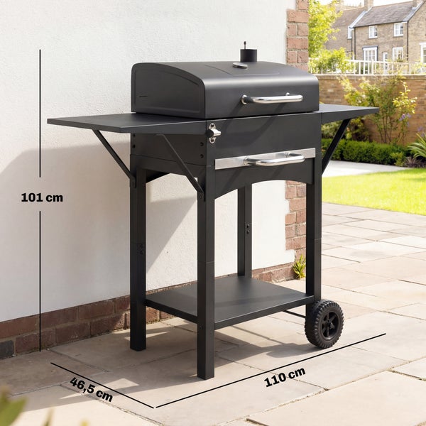 Infografik zur Temperaturregelung eines schwarzen Smoker Grills mit Deckel, integriertem Thermometer und Schornsteinlüfter.