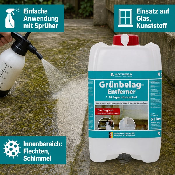 Hotrega Grünbelag-Entferner 5 Liter Konzentrat zur Reinigung von Oberflächen im Innen- und Außenbereich gegen Algen und Flechten.