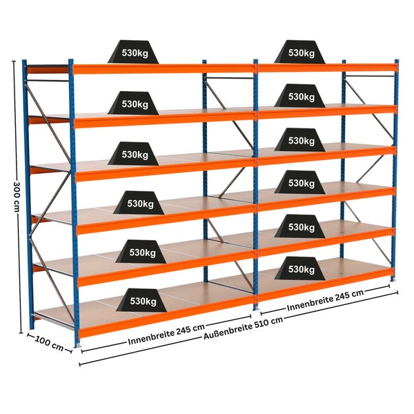 Regal mit mehreren Ebenen und einer Tragfähigkeit von 530 Kilogramm pro Ebene