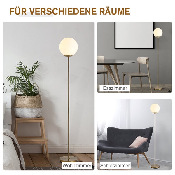 Stehlampe mit kugelförmigem Lampenschirm und Metallfuß