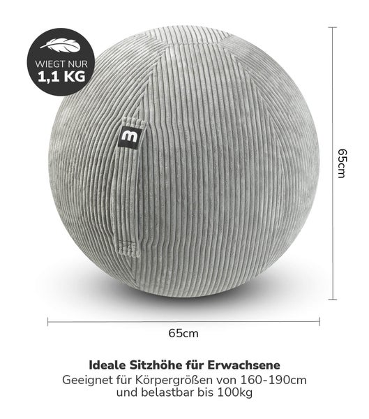 mokebo Stoff Sitzball Büro ergonomisch 'Der Sportliche', Sitzball mit Pumpe oder Pezziball mit Cordbezug in Grau