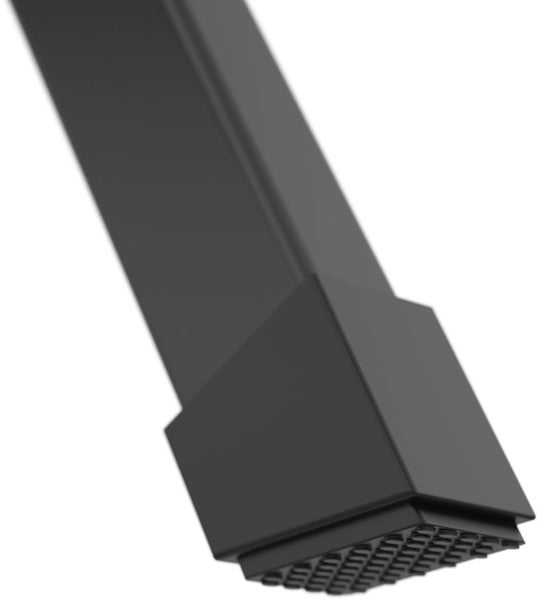 Nahaufnahme eines schwarzen, quadratischen Möbelbeins mit einem schützenden, strukturierten Fuß aus Kunststoff.