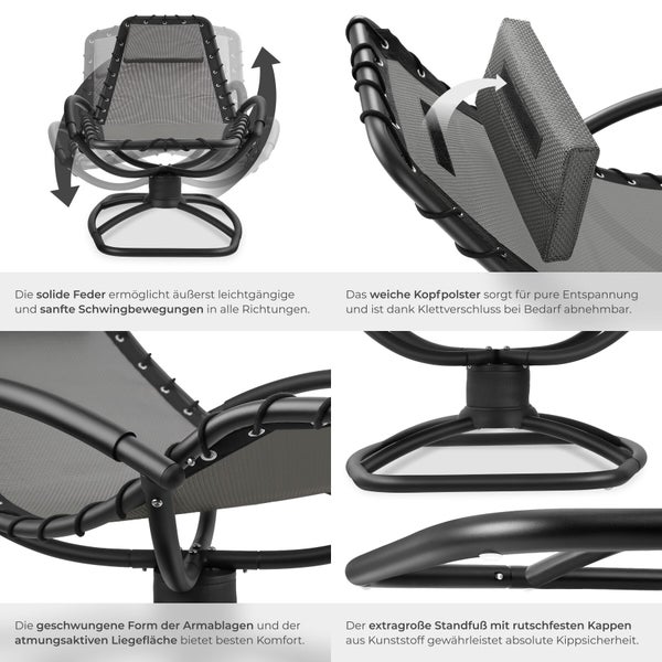 Detailansicht eines Schwingstuhls, der die Federung, das Kopfpolster, die Armlehnenform und den Fuß zeigt.
