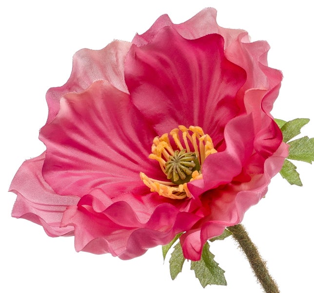 Künstlicher Blütenzweig mit Textilblüten und grünen Blättern für die Dekoration.