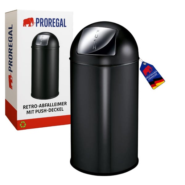 Proregal Retro-Abfalleimer mit Push-Deckel aus Metall in Schwarz, inklusive Produktverpackung und Siegel für deutschen Händler.