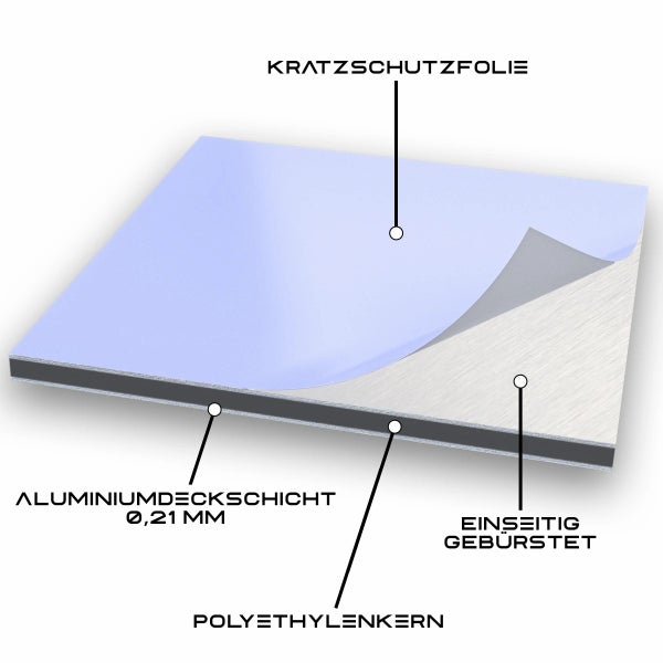 Aluminiumverbundplatte mit Kratzschutzfolie, 0,21 mm Aluminiumdeckschicht und Polyethylenkern, einseitig gebürstet
