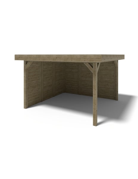 Carport aus Holz mit Flachdach, Rückwand und zwei Seitenwänden.