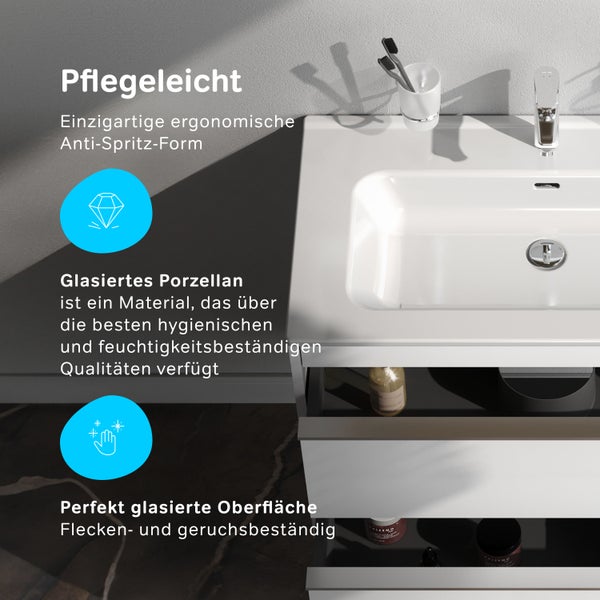Waschtisch aus glasiertem Porzellan mit Unterschrank und ergonomischer Form für einfache Reinigung und Hygiene.