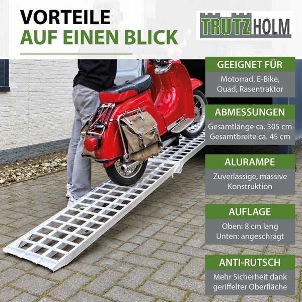 Auffahrrampe aus Aluminium für den Transport von Motorrädern, Fahrrädern und Rollern in einen Transporter.