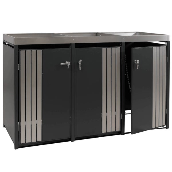 Mülltonnenbox für drei Mülltonnen mit abschließbaren Türen und einer Metallabdeckung