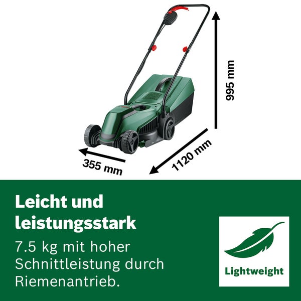 Bosch Rasenmäher mit Riemenantrieb, 7,5 Kilogramm. Maße: Höhe 995 Millimeter, Länge 1120 Millimeter, Breite 355 Millimeter.