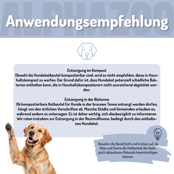 Informationen zur Anwendung und Entsorgung von Hundekotbeuteln.