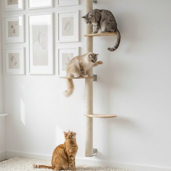 Wandmontierter Katzenkletterbaum mit Sisalstamm und Holzplattformen, auf dem zwei Katzen spielen, während eine dritte Katze am Boden zuschaut.