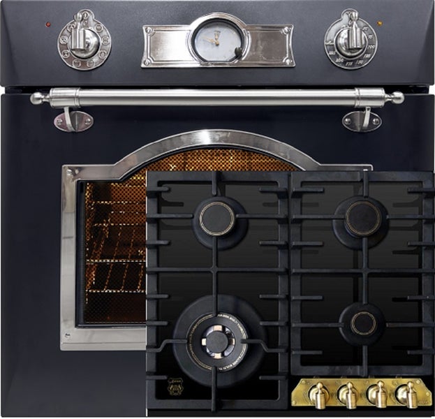 Einbau-Backofen mit Gaskochfeld im Retro-Design mit analoger Zeitanzeige und Drehreglern.