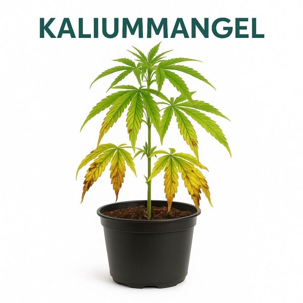 Cannabispflanze im Topf mit Symptomen eines Kaliummangels an den Blättern