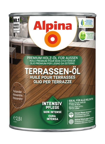 Alpina Terrassen-Öl Palisander 2,5 Liter für außen, wasserabweisend, Schutz vor Vergrauung, Ergiebigkeit circa 55 Quadratmeter.