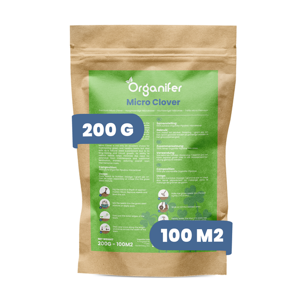 Beutel mit Organifer Mikroklee Samen, 200 Gramm für 100 Quadratmeter.