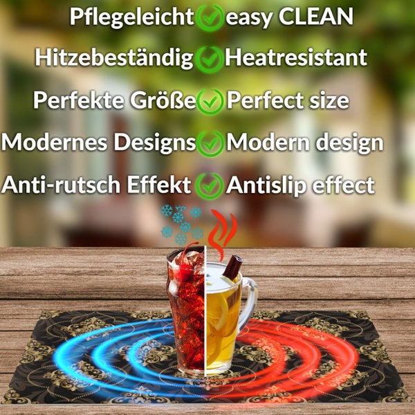 Platzset mit Produktmerkmalen: pflegeleicht, hitzebeständig, perfekte Größe, modernes Design und Anti-Rutsch-Effekt für Heiß- und Kaltgetränke.