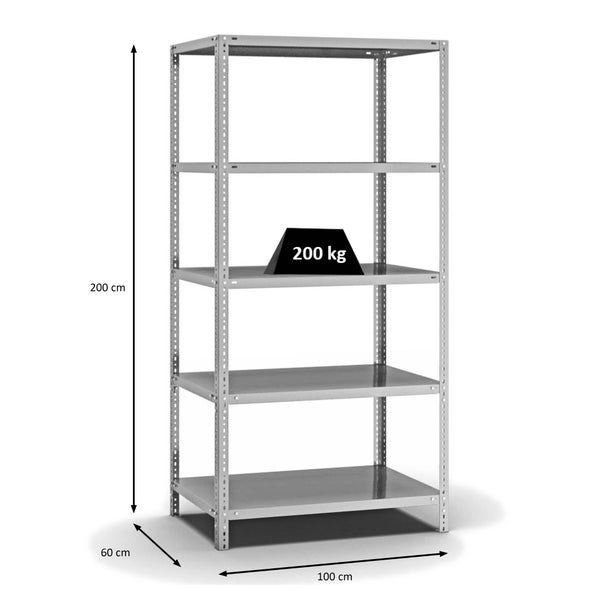 PROREGAL Fachbodenregal Schraubsystem Medium-Duty Grundregal HxBxT 200 x 100 x 60 cm 5 Ebenen Fachlast 200 kg Beidseitig Nutzbar Verzinkt