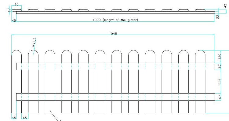 Technische Zeichnung eines Zaunelements mit Abmessungen