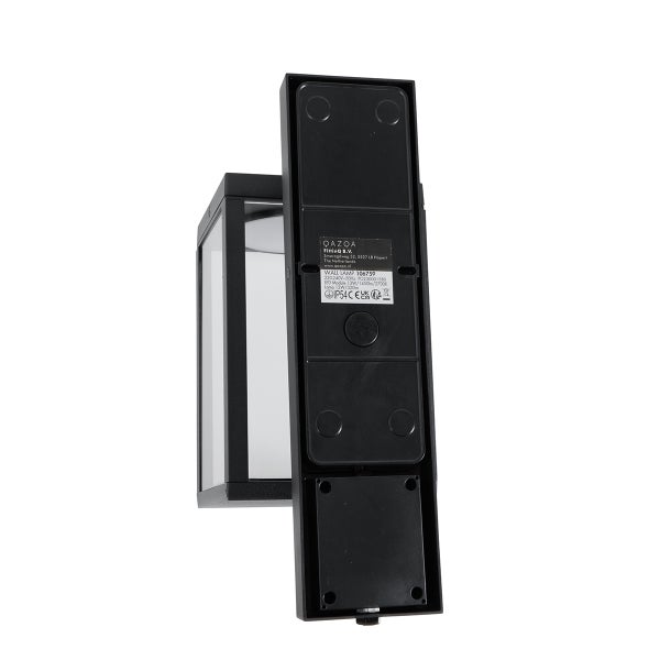 Rückansicht einer schwarzen rechteckigen Außenwandleuchte mit Montageplatte und technischem Etikett.