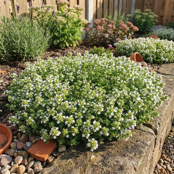 Bodendeckende Pflanze mit vielen kleinen weißen Blüten in einem Gartenbeet an einer Steinmauer neben Lavendel und Fetthenne.