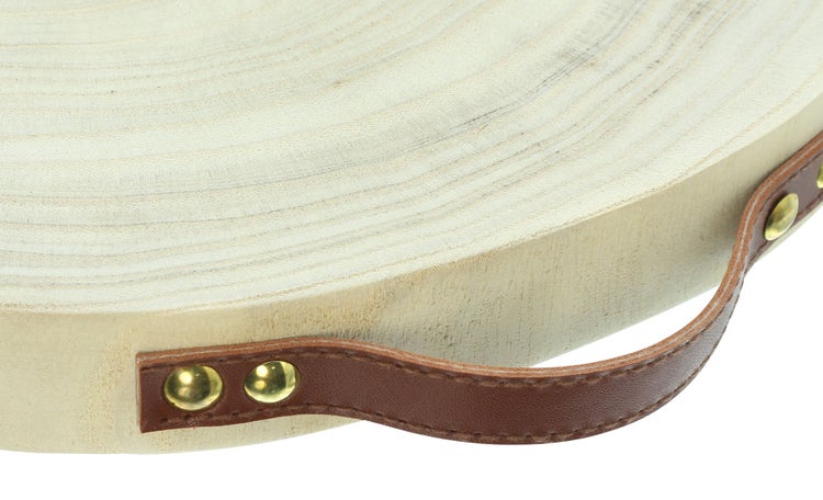 FRANK FLECHTWAREN | Holzscheibe Tablett, PAULOWNIA, KUNSTLEDER, METALL, Ø 30 x 3 cm