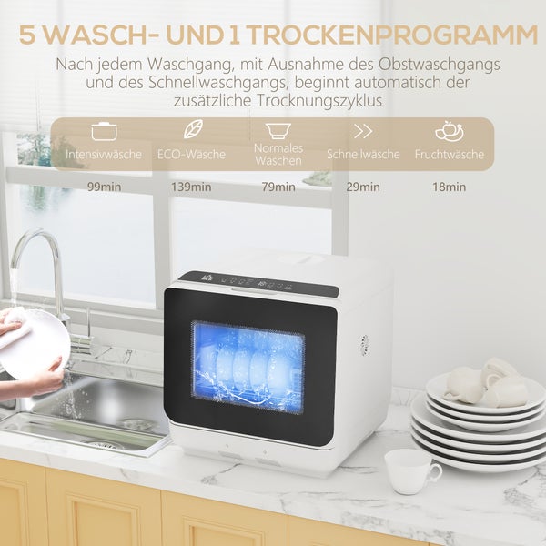 Weißer Tischgeschirrspüler in einer Küche mit Anzeige von fünf Waschprogrammen und einem Trockenprogramm sowie Zeitangaben in Minuten.