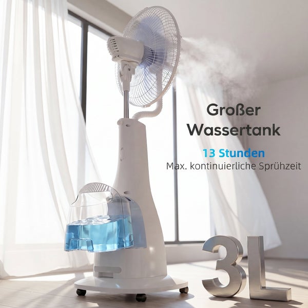 Standventilator mit Sprühnebelfunktion, 3 Liter Wassertank, bis zu 13 Stunden kontinuierliche Sprühzeit, für Innenräume geeignet.