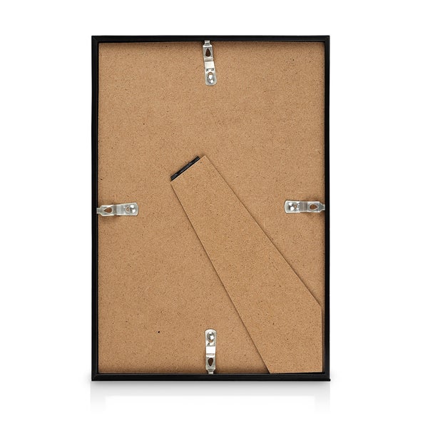 Rückseite eines schwarzen Bilderrahmens mit Aufhängevorrichtung und Ständer