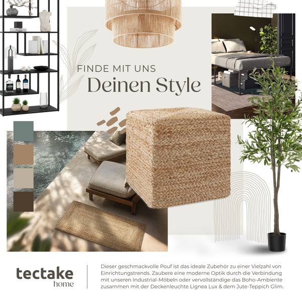 In Szene gesetzte Wohnraum-Dekoration mit Regalen, Sitzhocker, Deckenleuchte, Teppich, Liegestühlen und Dekoration.